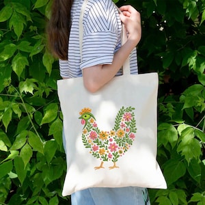 Funny Chicken Embroidery Design, Floral Country Chicken Machine Embroidery File, Farmhouse Spring Summer Decor, Rustic Barnyard Pattern