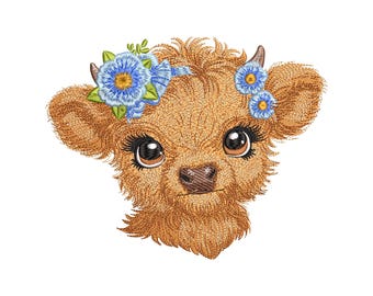 Borduurontwerp baby hooglandkoe, schattige baby hooglandkoe met bloem machineborduurbestand, digitale download