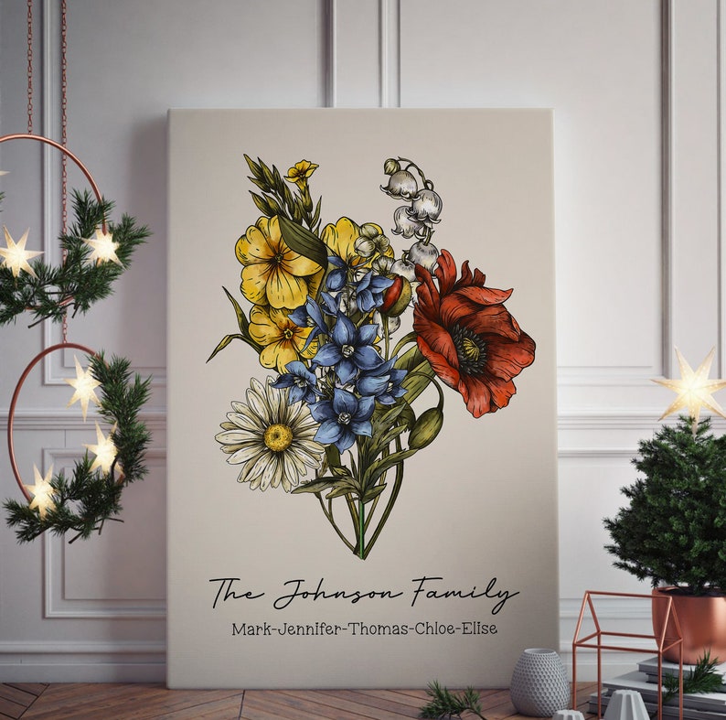 Family Flower Bouquet, Birth Month Flower Art, CUSTOM Personalized Gift, Floral Family Portrait, Digital Prints, Digital Download, CF1 image 3