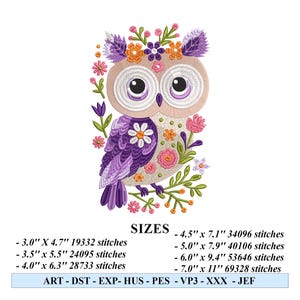 Peut inclure: Broderie d'un hibou violet et blanc avec une couronne florale, entour&eacute; de fleurs roses et blanches. Le motif est disponible en plusieurs tailles, de 7,6 cm par 12 cm &agrave; 17,8 cm par 28 cm. Les formats de fichiers inclus sont ART, DST, EXP, HUS, PES, VP3, XXX et JEF.