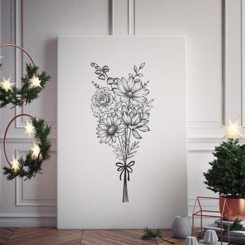 May include: A black and white line drawing of a bouquet of flowers with a bow. The flowers include daisies, roses, and lilies of the valley.