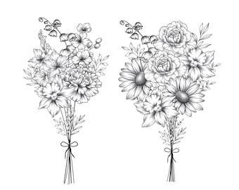 Custom Birth Flower Bouquet, Family Birth Month Tattoo Design, Up to 15 Flowers, Flower Bouquet Print, Floral Tattoo Design Digital Download