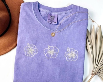 Embroidered Hibiscus Comfort Colors T-Shirt – Tropical Beach Tee, Made in USA