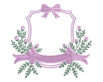 Floral Crest Frame Embroidery Design, Pink Bow Rose Frame for Monogram, Wedding, Baby Blanket, Digital Download