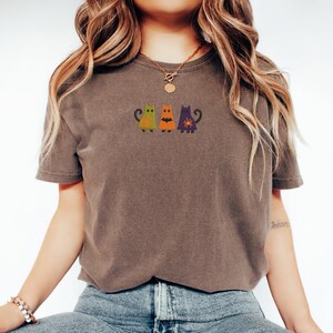 Halloween Cat Embroidered Shirt Spooky Cats Tee Comfort Colors Fall Tshirt Cozy Autumn Shirt, MADE IN USA