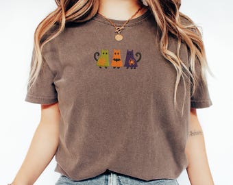 Halloween Cat Embroidered Shirt Spooky Cats Tee Comfort Colors Fall Tshirt Cozy Autumn Shirt, MADE IN USA