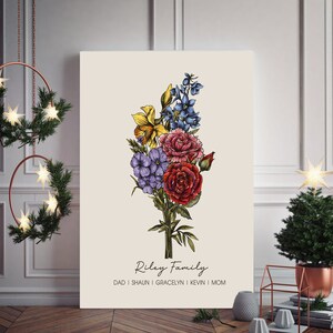 May include: A printable art print featuring a bouquet of colourful flowers, including red roses, purple flowers, yellow daffodils, and blue delphiniums. The print has the text "Riley Family" and "DAD | SHAUN | GRACELYNN | KEVIN | MOM" below the flowers.