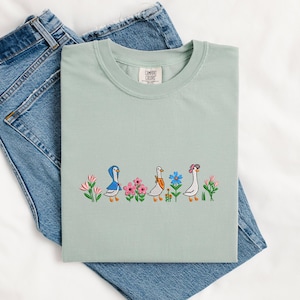 Duck Embroidery Shirt – Cottagecore Duck Shirt with Flowers – Comfort Colors Duck T-Shirt – Farm Animal Embroidered Tee Gift, MADE IN USA