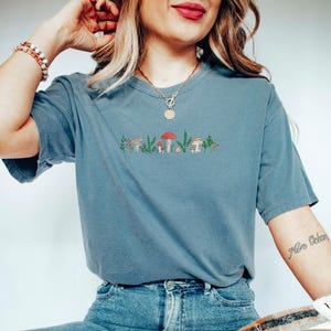 Embroidered Comfort Color Tshirts Mushroom Embroidered Comfort Colors Shirt, Vintage Embroidery Tshirt, Summer Cottagecore Tee, MADE IN USA