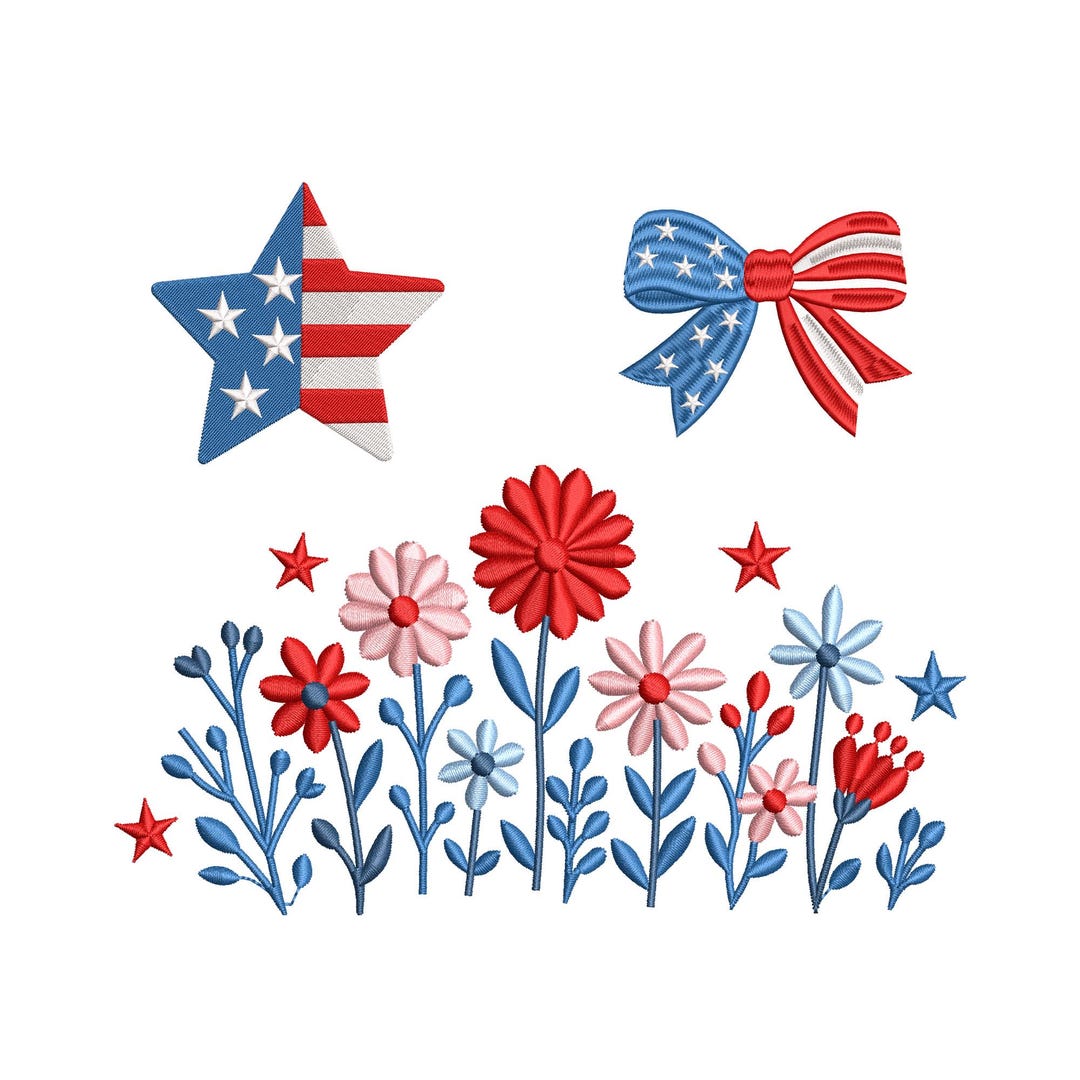 Floral Patriotic Embroidery Bundle of 3, 4th of July Star Bow Red White ...