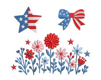Paquete de 3 bordados patrióticos florales, diseño del Día de la Independencia con diseño de bandera de EE. UU., con lazo de estrella del 4 de julio, flores rojas, blancas y azules, archivo de bordado a máquina