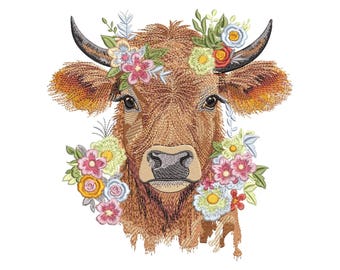 May include: A brown cow with a floral crown made of pink, yellow, and blue flowers. The cow has a gentle expression and is looking directly at the viewer.