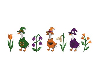 Halloween Goose Embroidery Design, Cute Witch Goose Trio with Fall Flowers, Autumn Machine Embroidery File – 6 Sizes, NEW ARRIVAL