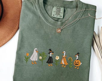 Halloween Goose Embroidered Shirt Fall Duck Costume Comfort Colors Tee Shirt– Funny Embroidered Autumn Animals Tee, MADE IN USA
