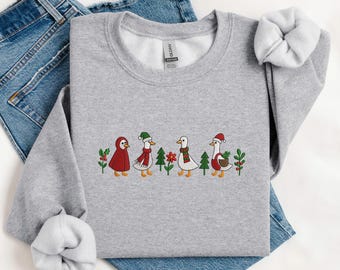 Goose Christmas Embroidered Sweatshirt Hoodie Shirt, Funny Holiday Duck Shirt, Gag Gift for Her, Farm Animal Christmas Crewneck, MADE IN USA