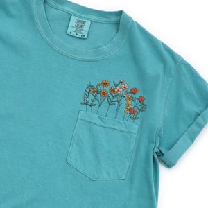 Comfort Colors Embroidered Crewneck Wildflower pocket Tshirt, Embroidered Flower shirt, Flower Boho Shirt, Gift for Her, MADE IN USA