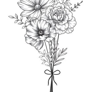 May include: A black and white line drawing of a bouquet of flowers. The bouquet includes a poppy, a carnation, and a daisy. The stems are tied together with a ribbon.