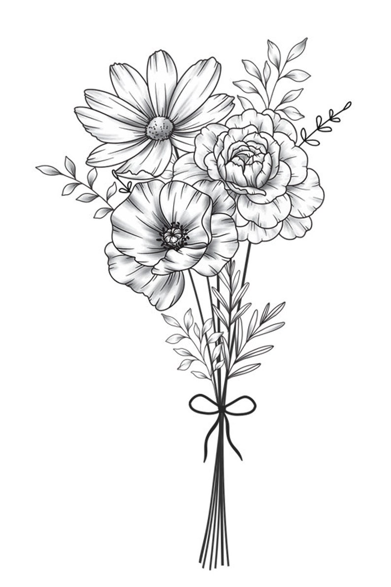 May include: A black and white line drawing of a bouquet of flowers. The bouquet includes a poppy, a carnation, and a daisy. The stems are tied together with a ribbon.