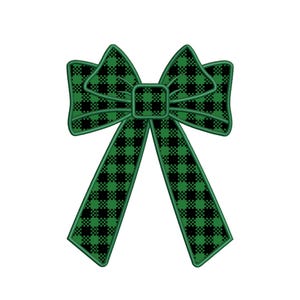 May include: A green and black plaid bow with a large center loop. The bow is tied with a knot in the center.