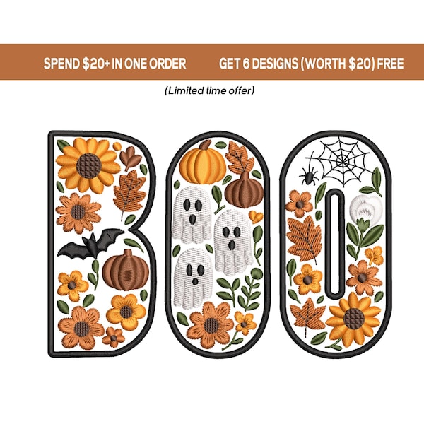 BOO Embroidery Design, Floral Halloween Letters with Ghosts, Pumpkins and Fall Flowers for Machine Embroider, Digital Download, 9 sizes