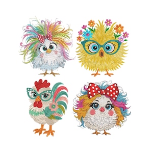 4 Funny Crazy Chicken Embroidery Design,  Bundle Cute Chicken Machine Embroidery File, Fall Embroidery Design, 4 sizes, Instant Download