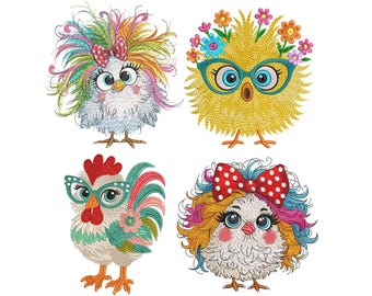 4 Funny Crazy Chicken Embroidery Design,  Bundle Cute Chicken Machine Embroidery File, Fall Embroidery Design, 4 sizes, Instant Download