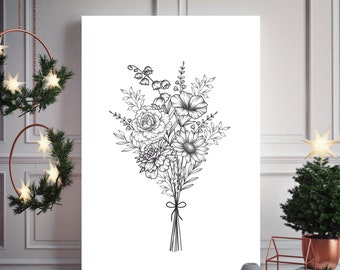 May include: A black and white line drawing of a bouquet of flowers. The bouquet includes lilies, carnations, daisies, and other flowers. The flowers are tied together with a ribbon.