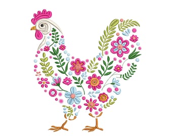 Floral Chicken Embroidery Design, Funny Crazy Chicken Embroidery Design, Floral Chicken Machine Embroidery File, 7 sizes, Instant Download
