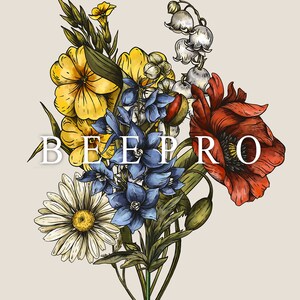 May include: A bouquet of flowers featuring yellow, red, blue, and white blooms. The flowers include lilies of the valley, delphiniums, and daisies. The bouquet is arranged in a vase and has a vintage feel.