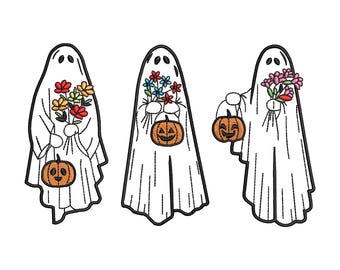 Floral Ghost Embroidery Design, Halloween Ghost Embroidery Design, 3 sizes, Instant Download
