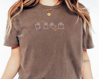 Halloween Shirt Ghost Embroidered Cute Halloween Ghost Tshirt Comfort Colors Tee Fall Embroidered Shirt for Women Halloween Gift MADE IN USA