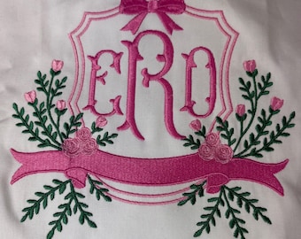 Floral Crest Frame Embroidery Design, Pink Bow Rose Frame for Monogram, Wedding, Baby Blanket, Digital Download
