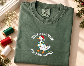 Christmas Goose Embroidered Shirt, Comfort Colors Holiday Tee, Funny Santa Goose T-Shirt, Cute Christmas Lights Gift for Goose Lovers