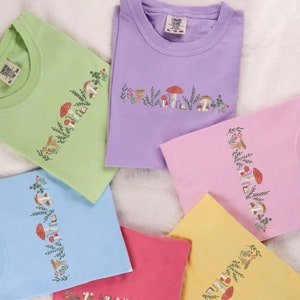 Mushroom Embroidered Comfort Colors Shirt, Vintage Embroidery Tshirt, Summer Cottagecore Tee, Custom Gift for Her, Made in USA