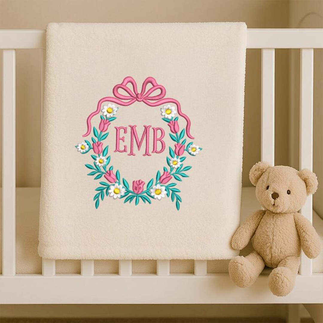 Floral Bow Banner Embroidery Design Crest Frame Newborn Baby Banner ...