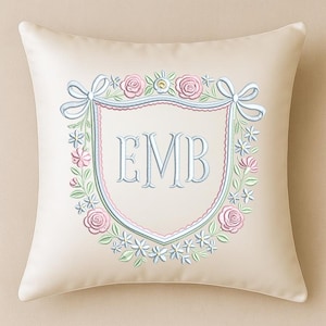 Floral Crest Frame Embroidery Design Coquette Bow Crest Embroidery Grandmillennial Floral Frame Vintage Baby Girl Monogram Shield