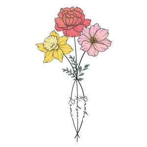 Custom Birth Flower Bouquet Tatoo with name, Family Birth Month Tattoo Design, Floral Tattoo Design Digital Download