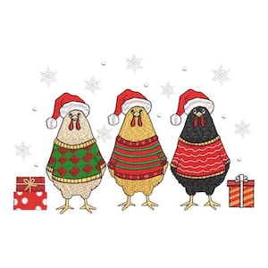Desenho de bordado de galinha de Natal, arquivo de bordado de galinha engraçada com caixas de presente de Natal, download digital