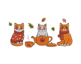 Herfst kat borduurontwerp – herfst katten met truien en thee borduurbestand – gezellig dierenborduurwerk voor sweater, draagtas, kussen, cadeau