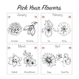 May include: A chart showing different types of flowers and the months they bloom in. The flowers are illustrated in black and white line drawings. The months are listed in a column on the left side of the chart. The flowers are listed in a column on the right side of the chart. The flowers are labelled with their common names.