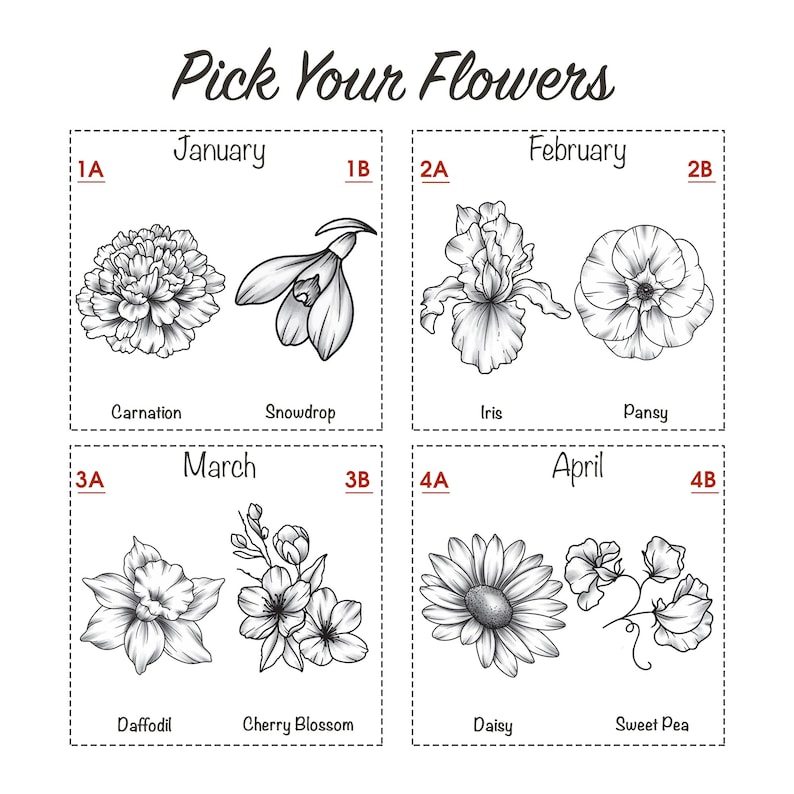 May include: A chart showing different types of flowers and the months they bloom in. The flowers are illustrated in black and white line drawings. The months are listed in a column on the left side of the chart. The flowers are listed in a column on the right side of the chart. The flowers are labelled with their common names.