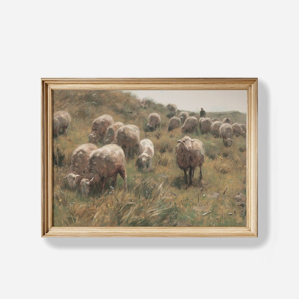 Schafmalerei, Vintage Landschaftsdruck, Vintage Malerei Schafe Grasen Sanfte grüne Hanglandschaft, DIGITAL DOWNLOAD, D-86S