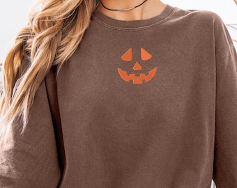Jack O Lantern Pumpkin Face Embroidered Comfort Colors T-Shirt or Long Sleeve Halloween Pumpkin Embroidery Shirt Fall Spooky Tee MADE IN USA