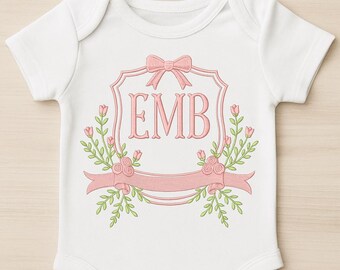 Elegant Floral Crest Frame Embroidery Design, Pink Bow Rose Frame for Monogram, Wedding, Baby Blanket, Digital Download