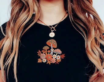 Retro Mushroom Floral Embroidered Sweatshirt, Fall Aesthetic Cottagecore Pullover, Autumn Embroidery Gift for Her, MADE IN USA