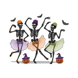 May include: Embroidered design featuring three dancing skeletons in tutus, each with a flower on their head and a jack-o'-lantern. Bats are flying around the skeletons. The tutus are purple, orange, and green.