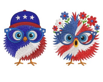2 Funny USA Chicken Embroidery, Patriotic Chicken Embroidery Bundle, 4th of July Red White Blue Stitch, Matching Boy Girl Summer Designs