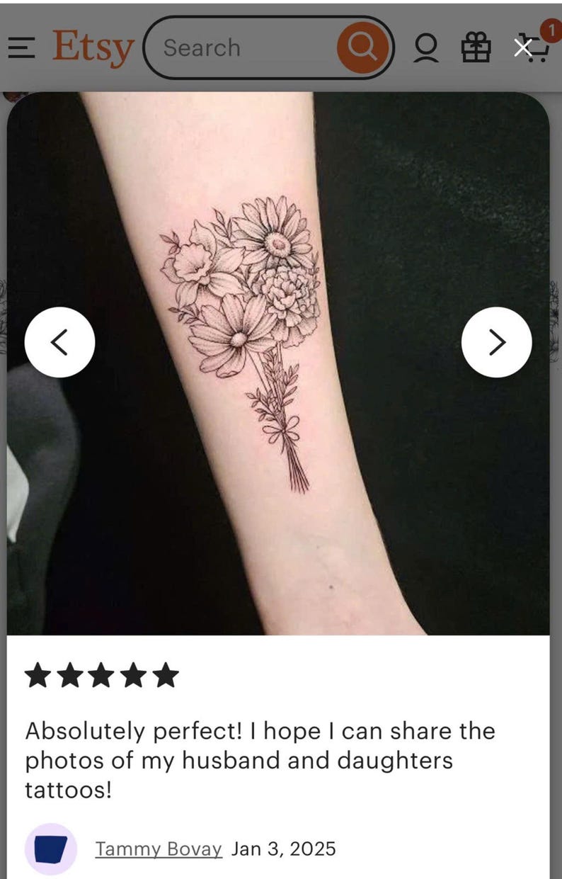 May include: A black and white line drawing tattoo of a bouquet of flowers on a person's arm. The flowers include a daisy, a daffodil, and a carnation.