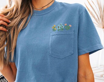 Wildflower Embroidered Tshirt Comfort Colors Pocket Shirt For Women, Flower Tshirt Embroidered, Gift For Her