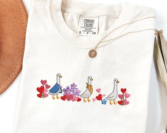 Valentine Goose Embroidered Shirt, Cute Duck Love Tee, Comfort Colors 1717, Romantic Gift for Girlfriend Wife Best Friend